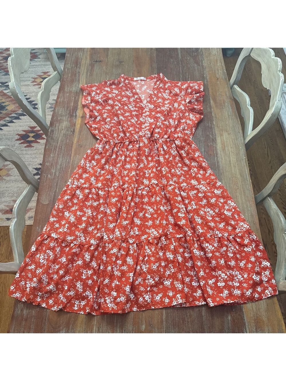 Keluummi Women's Orange White Floral V Neck Tiered Ruffle Dress US 18